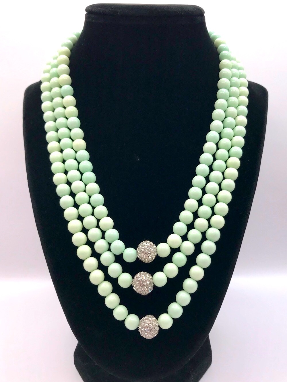 Triple-Strand Mint Green Bead Necklace with Crystal Accent Spheres